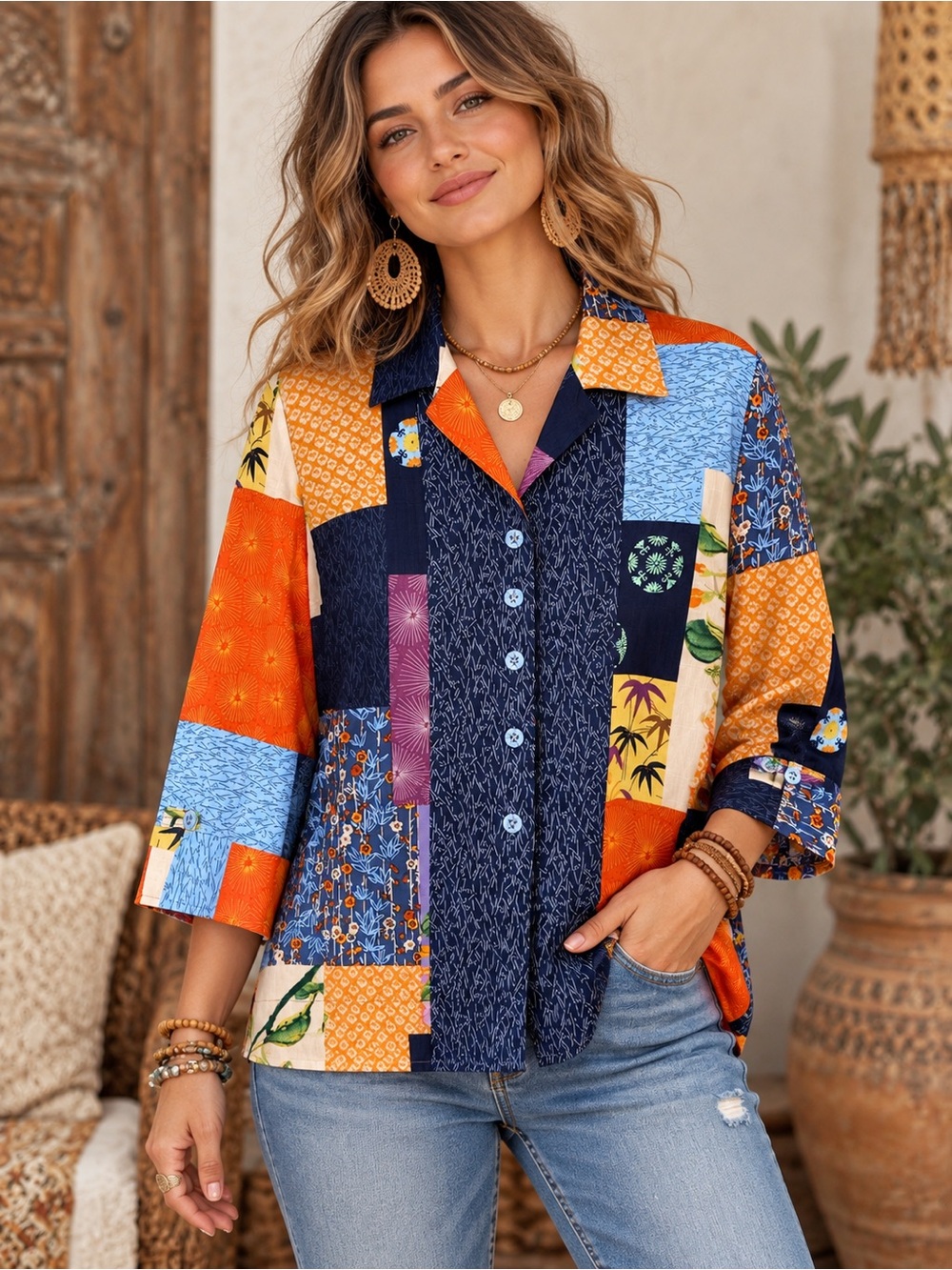 City Blues By Koret Eclectic Boho Patchwork Asian Inspired Blouse Size M